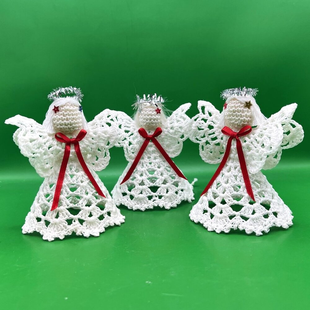 Lot 3 Handmade Crochet Angel Ornaments White Starch Christmas Star Bow VTG Décor